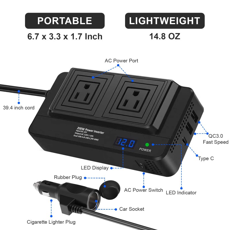 200W 차량용 인버터 차량 소켓 어댑터 전원 변환기, - Outdoor Power Adapter Usb C 리뷰 및 가격