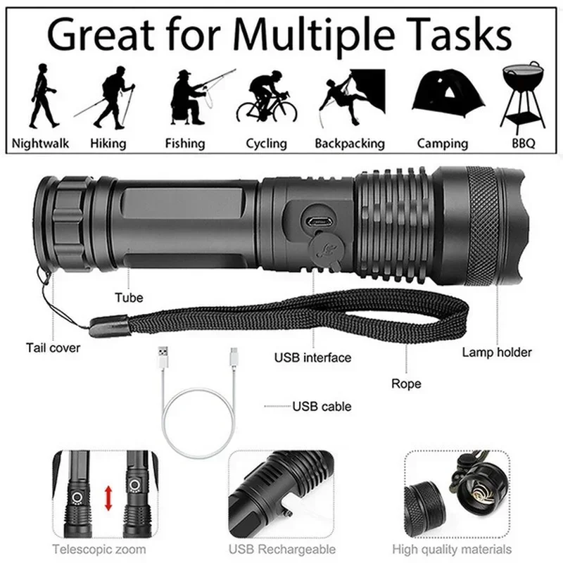 고출력 XHP70 LED 손전등 USB-C 충전식 토치 - Outdoor Power Usb 리뷰 및 가격